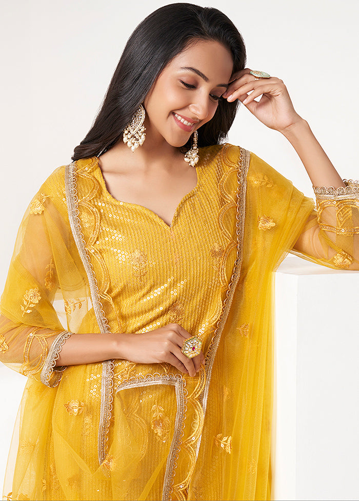 3 Pc Mustard Semi Stitched Net Suit Set - Indian Silk House Agencies