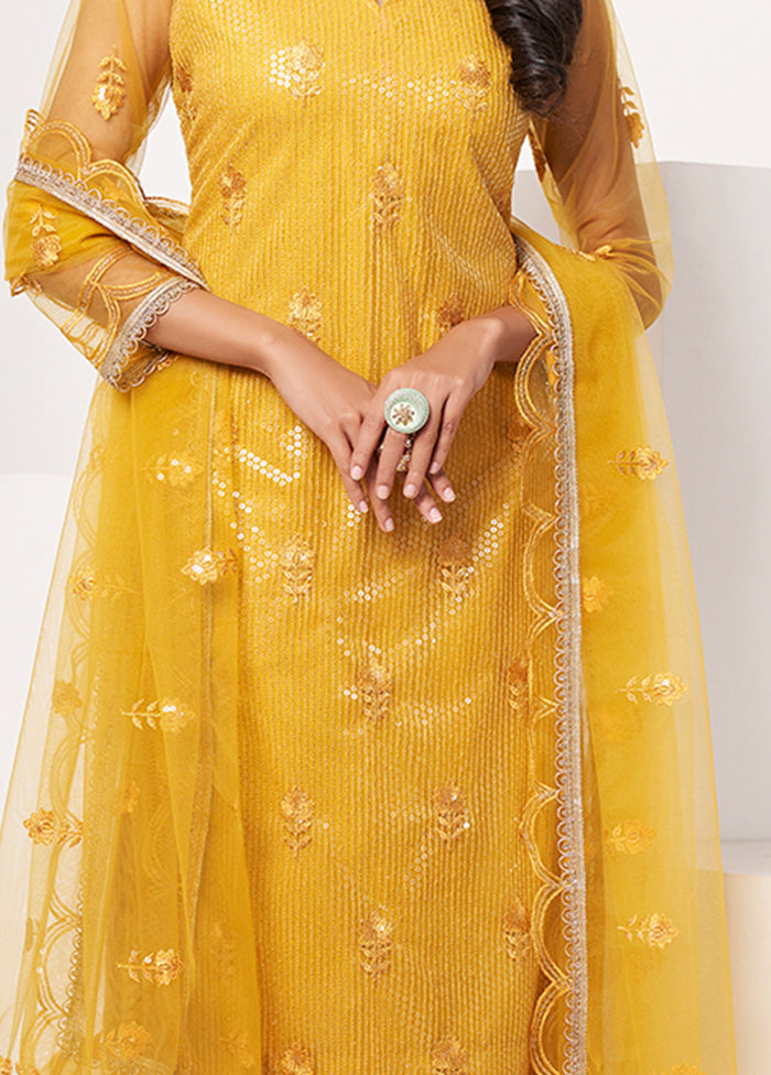 3 Pc Mustard Semi Stitched Net Suit Set - Indian Silk House Agencies