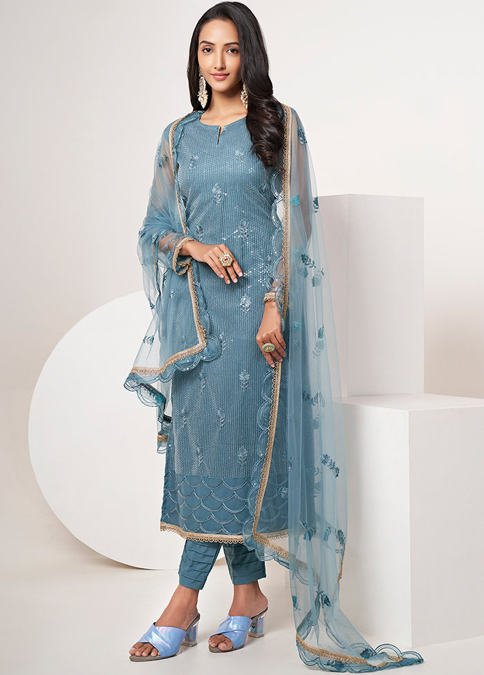 3 Pc Turquoise Semi Stitched Net Suit Set - Indian Silk House Agencies