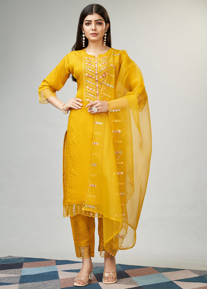 3 Pc Yellow Readymade Viscose Suit Set - Indian Silk House Agencies