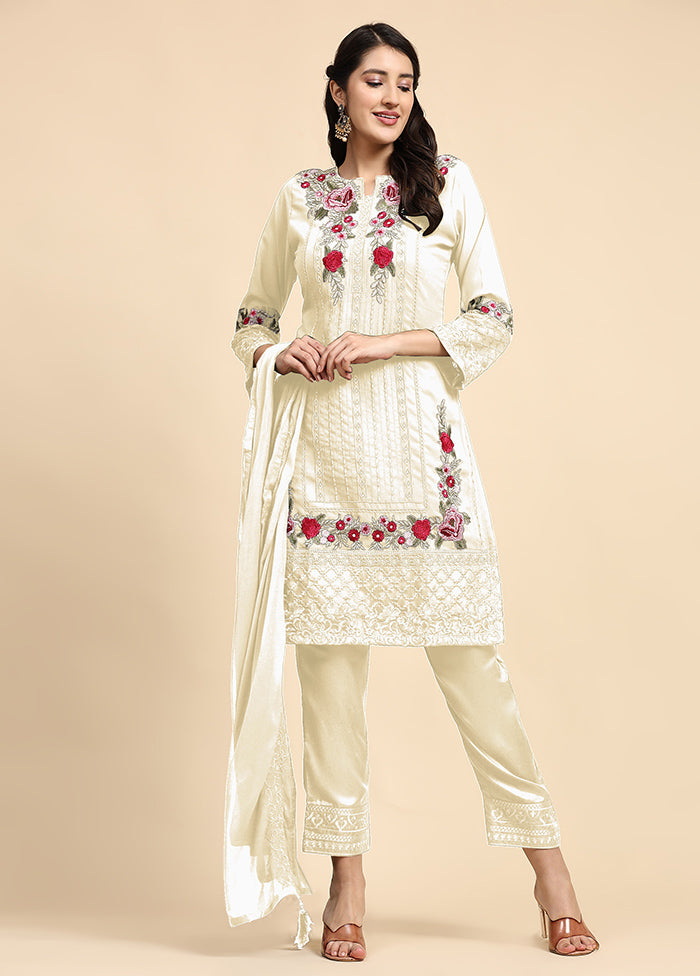 3 Pc Off White Semi Stitched Georgette Suit Set - Indian Silk House Agencies