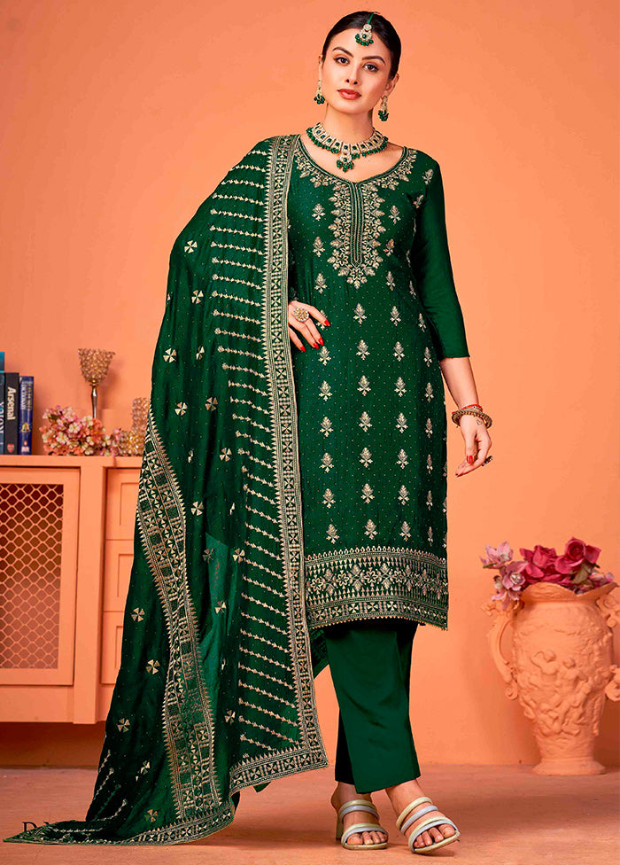 3 Pc Green Semi Stitched Silk Suit Set - Indian Silk House Agencies