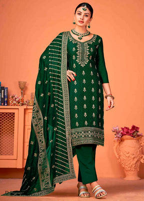 3 Pc Green Semi Stitched Silk Suit Set - Indian Silk House Agencies