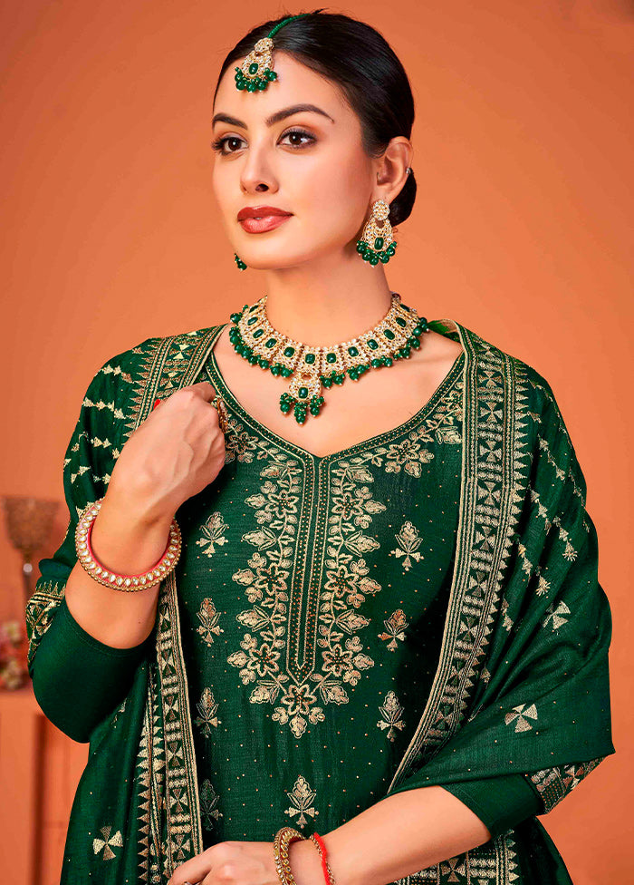 3 Pc Green Semi Stitched Silk Suit Set - Indian Silk House Agencies