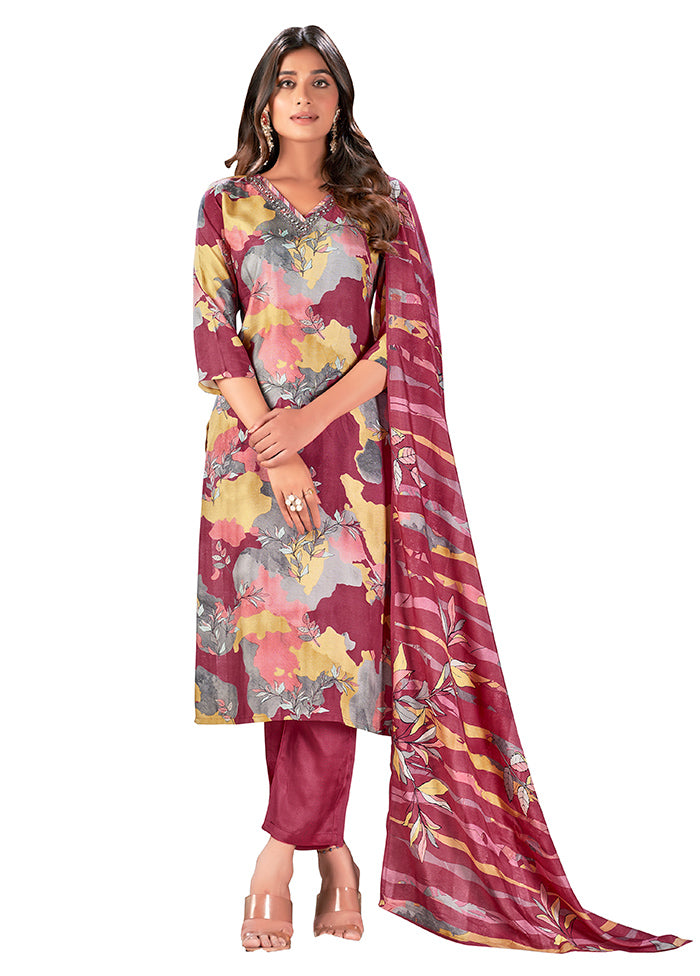 3 Pc Wine Readymade Silk Suit Set - Indian Silk House Agencies