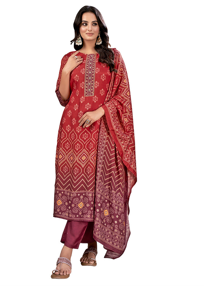 3 Pc Red Readymade Silk Suit Set - Indian Silk House Agencies