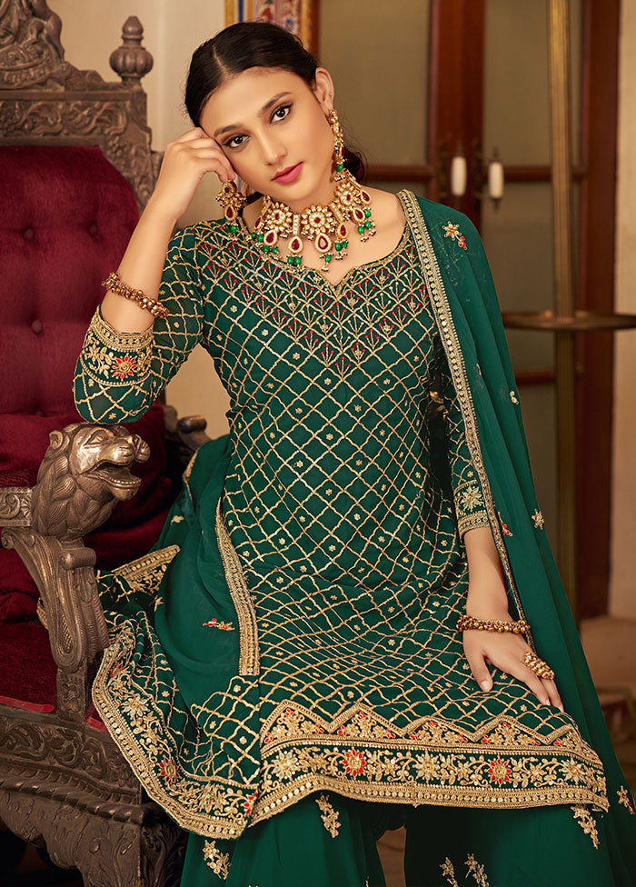 3 Pc Green Semi Stitched Silk Suit Set - Indian Silk House Agencies