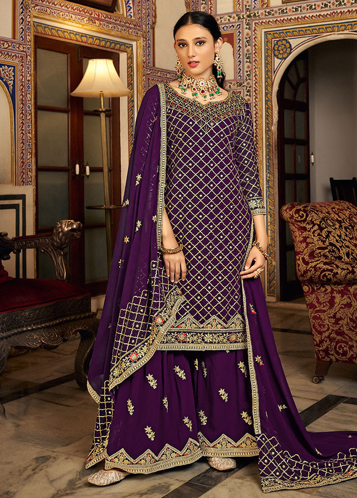 3 Pc Purple Semi Stitched Silk Suit Set - Indian Silk House Agencies