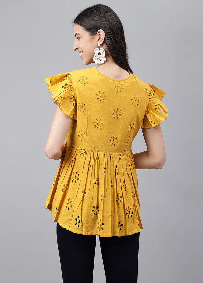 Mustard Cotton Solid Gathered Top - Indian Silk House Agencies