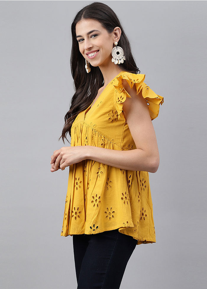 Mustard Cotton Solid Gathered Top - Indian Silk House Agencies