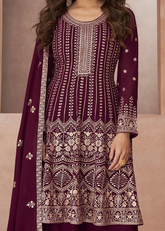 3 Pc Wine Semi Stitched Georgette Suit Set - Indian Silk House Agencies