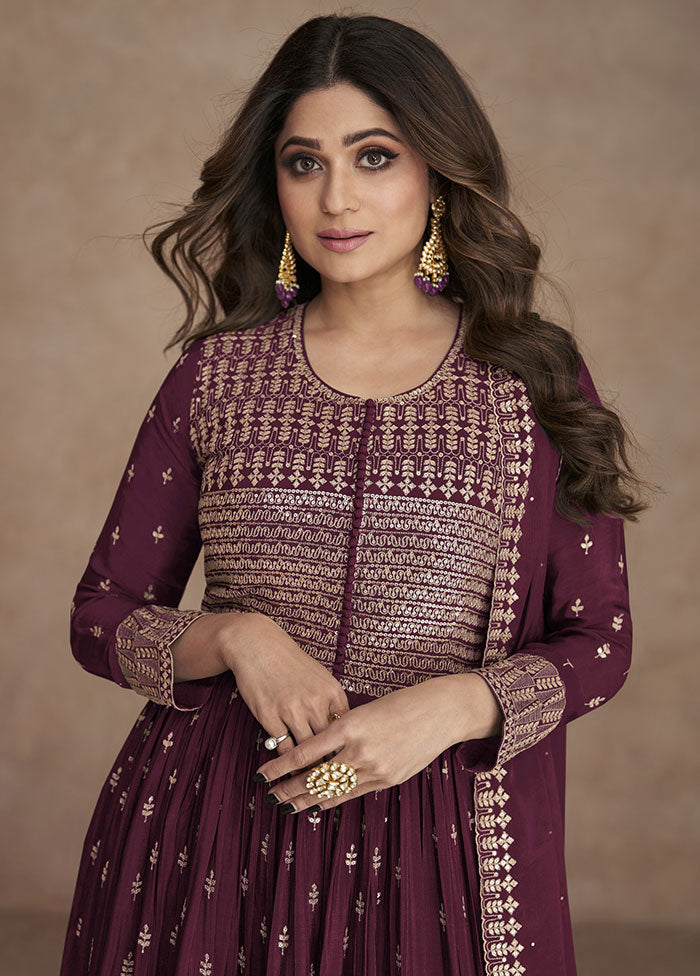 3 Pc Purple Semi Stitched Georgette Suit Set - Indian Silk House Agencies