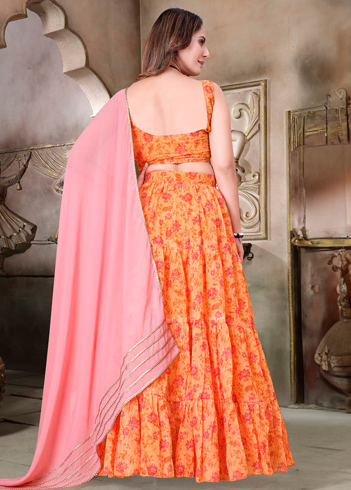 3 Pc Orange Net Semi Stitched Lehenga Set - Indian Silk House Agencies