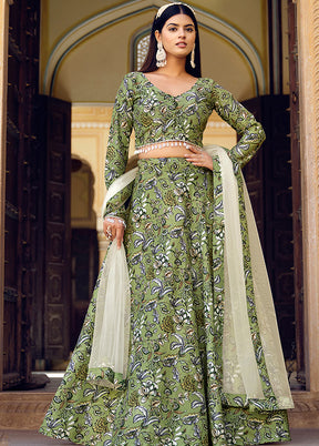 3 Pc Green Silk Semi Stitched Lehenga Set - Indian Silk House Agencies