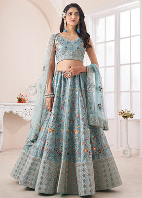 3 Pc Turquoise Silk Semi Stitched Lehenga Set - Indian Silk House Agencies
