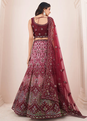 3 Pc Burgundy Net Semi Stitched Lehenga Set - Indian Silk House Agencies