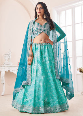 3 Pc Turquoise Georgette Semi Stitched Lehenga Set - Indian Silk House Agencies