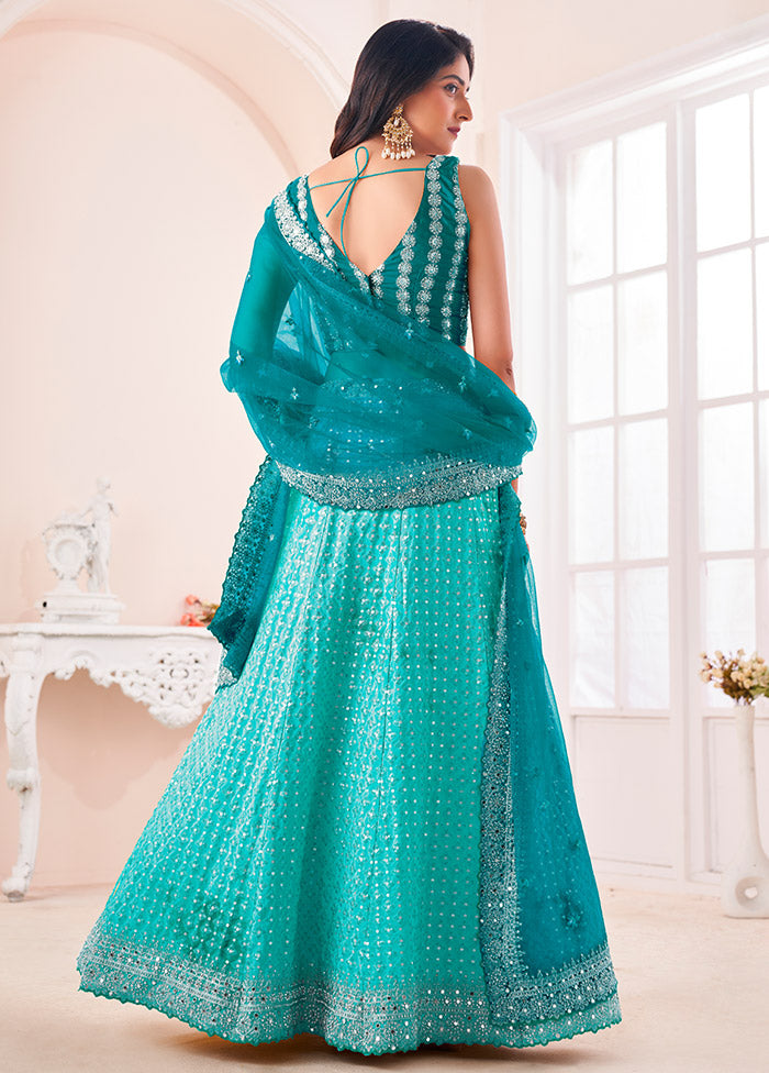 3 Pc Turquoise Georgette Semi Stitched Lehenga Set - Indian Silk House Agencies