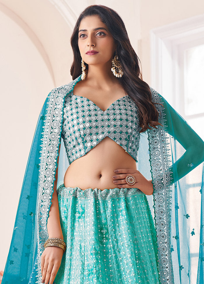 3 Pc Turquoise Georgette Semi Stitched Lehenga Set - Indian Silk House Agencies