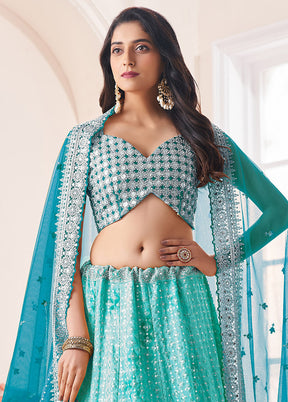 3 Pc Turquoise Georgette Semi Stitched Lehenga Set - Indian Silk House Agencies