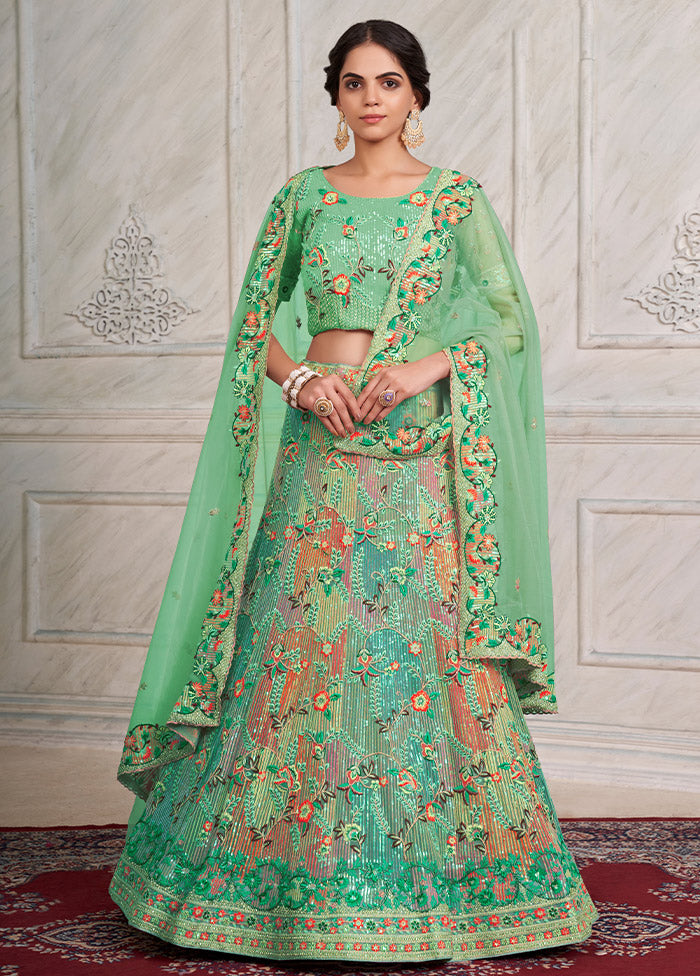 3 Pc Green Net Semi Stitched Lehenga Set - Indian Silk House Agencies