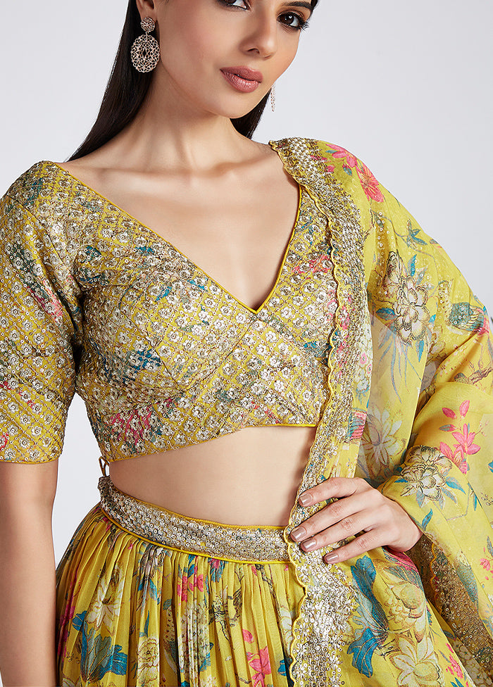 3 Pc Yellow Net Semi Stitched Lehenga Set - Indian Silk House Agencies