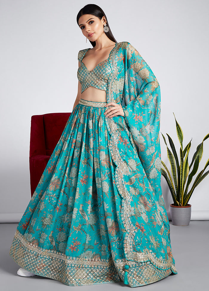 3 Pc Sea Green Net Semi Stitched Lehenga Set - Indian Silk House Agencies