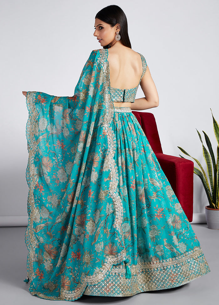 3 Pc Sea Green Net Semi Stitched Lehenga Set - Indian Silk House Agencies