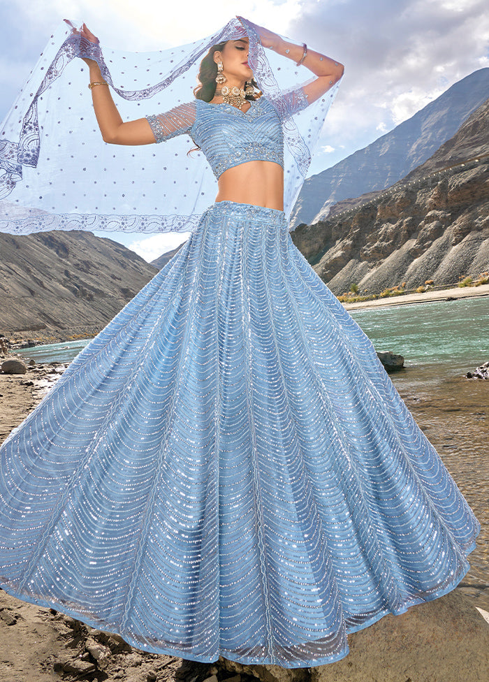 3 Pc Sky Blue Net Semi Stitched Lehenga Set - Indian Silk House Agencies