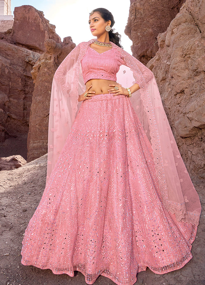 3 Pc Pink Net Semi Stitched Lehenga Set - Indian Silk House Agencies