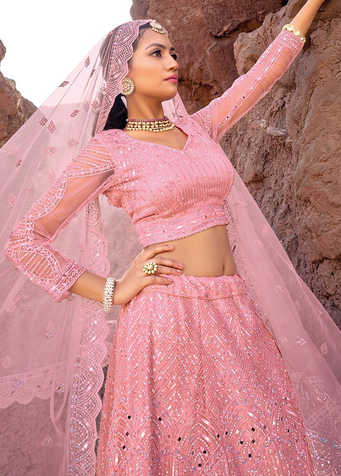 3 Pc Pink Net Semi Stitched Lehenga Set - Indian Silk House Agencies