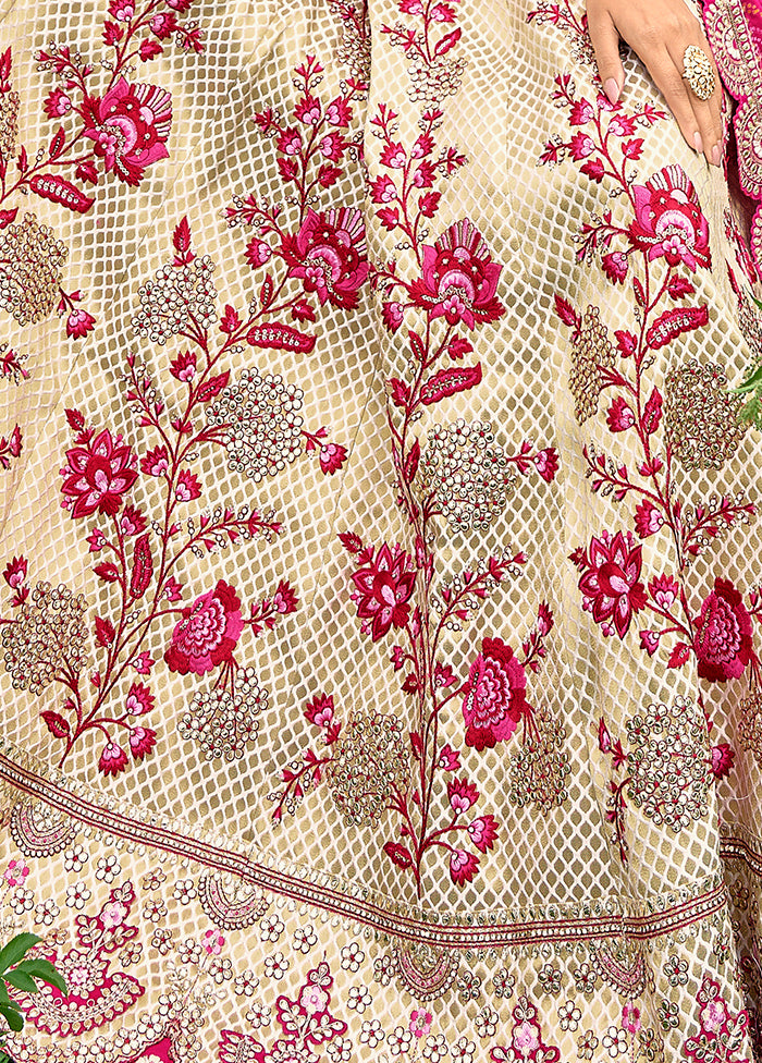 3 Pc Off White Silk Semi Stitched Lehenga Set - Indian Silk House Agencies