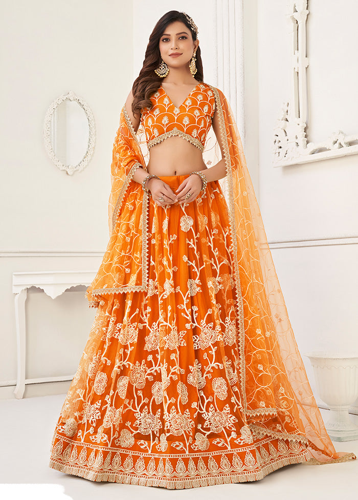 3 Pc Orange Net Semi Stitched Lehenga Set - Indian Silk House Agencies