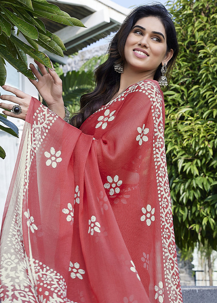 Peach Chiffon Silk Saree With Blouse Piece - Indian Silk House Agencies