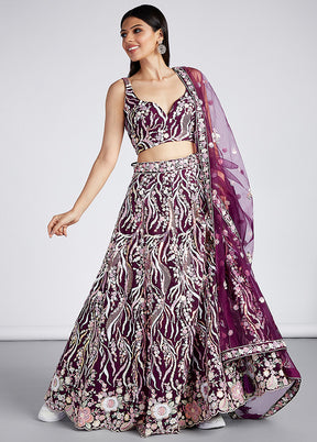 3 Pc Burgundy Net Semi Stitched Lehenga Set - Indian Silk House Agencies