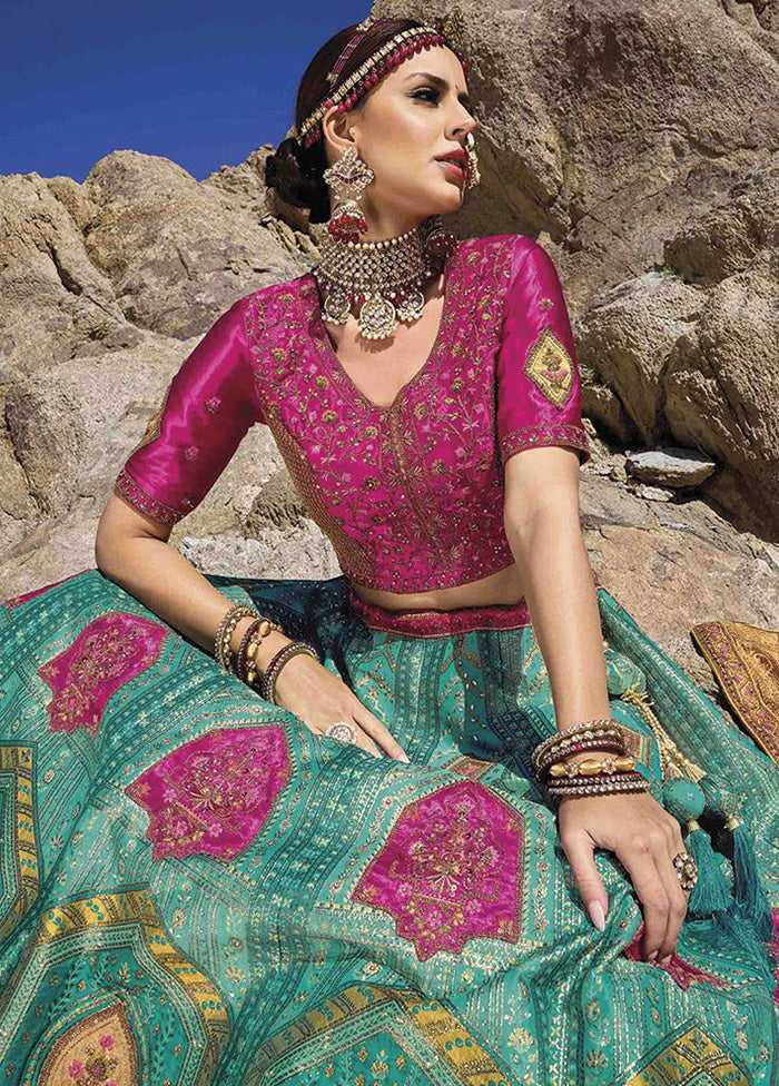 3 Pc Turquoise Silk Semi Stitched Lehenga Set - Indian Silk House Agencies