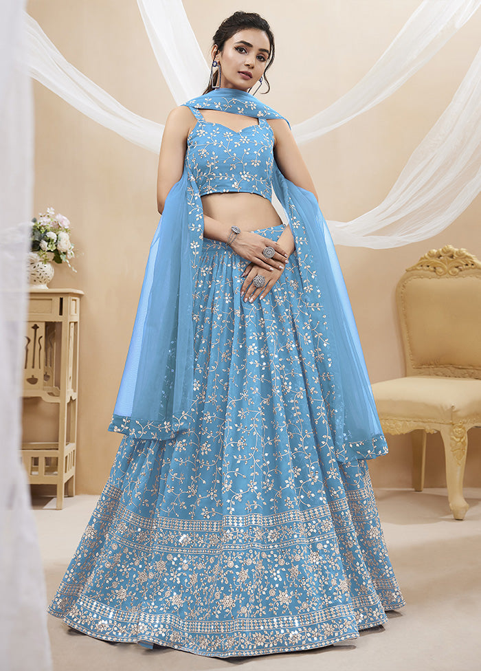 3 Pc Sky Blue Georgette Semi Stitched Lehenga Set - Indian Silk House Agencies