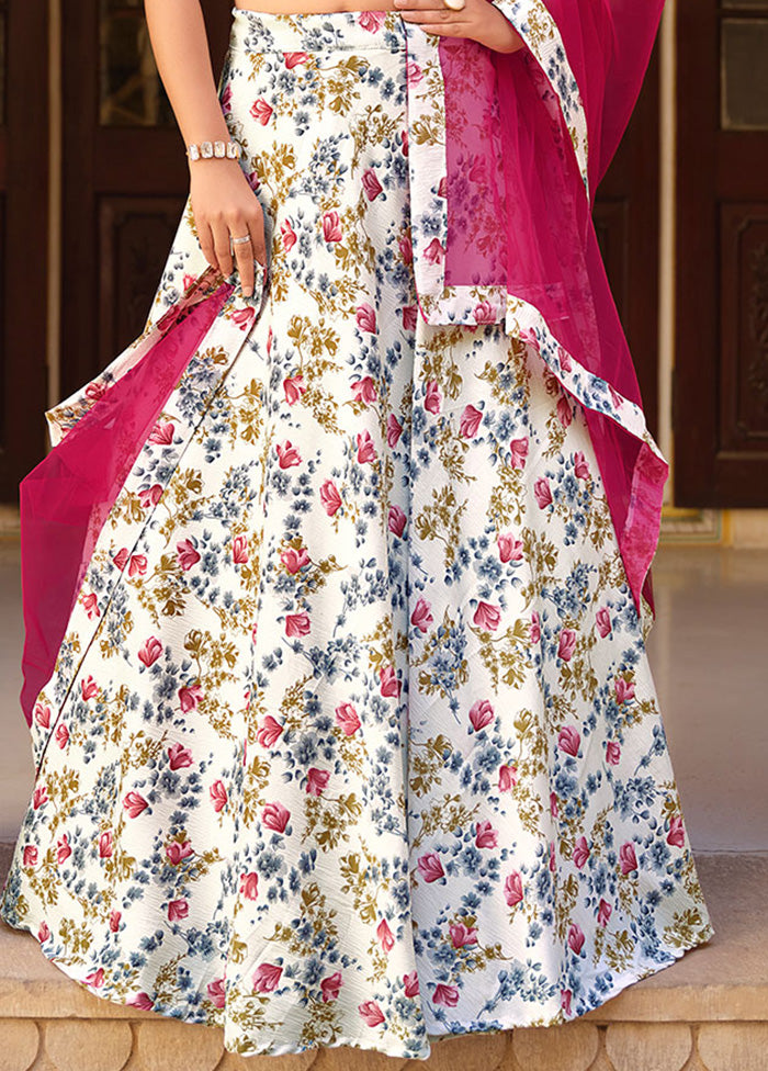 3 Pc Off White Silk Semi Stitched Lehenga Set - Indian Silk House Agencies