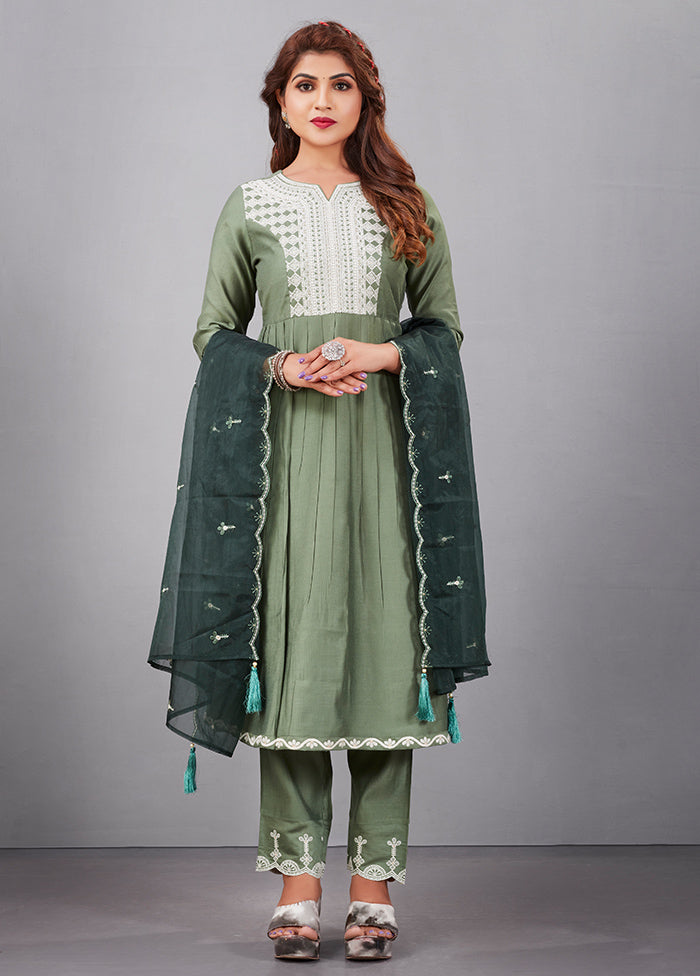 3 Pc Pista Green Readymade Silk Suit Set - Indian Silk House Agencies