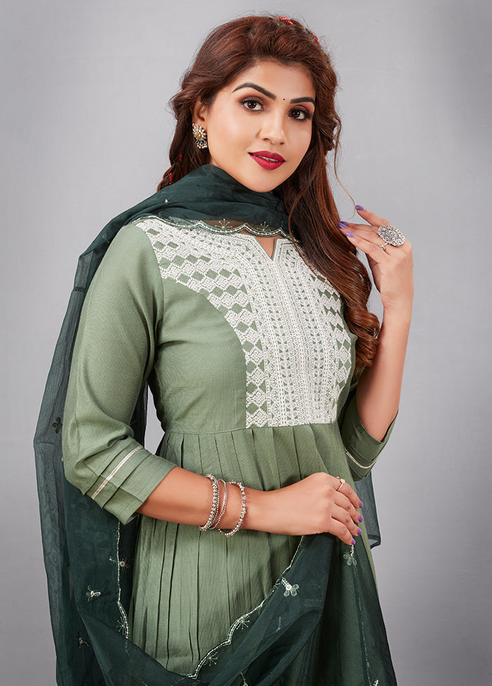 3 Pc Pista Green Readymade Silk Suit Set - Indian Silk House Agencies