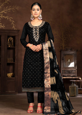 3 Pc Black Semi Stitched Silk Suit Set - Indian Silk House Agencies