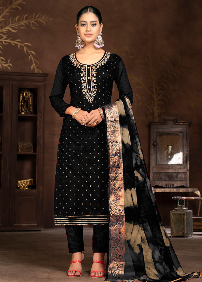 3 Pc Black Semi Stitched Silk Suit Set