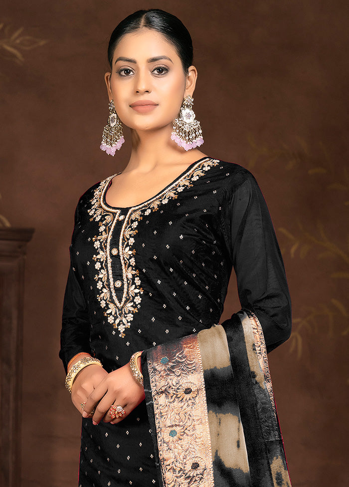 3 Pc Black Semi Stitched Silk Suit Set