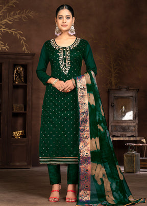 3 Pc Green Semi Stitched Silk Suit Set - Indian Silk House Agencies