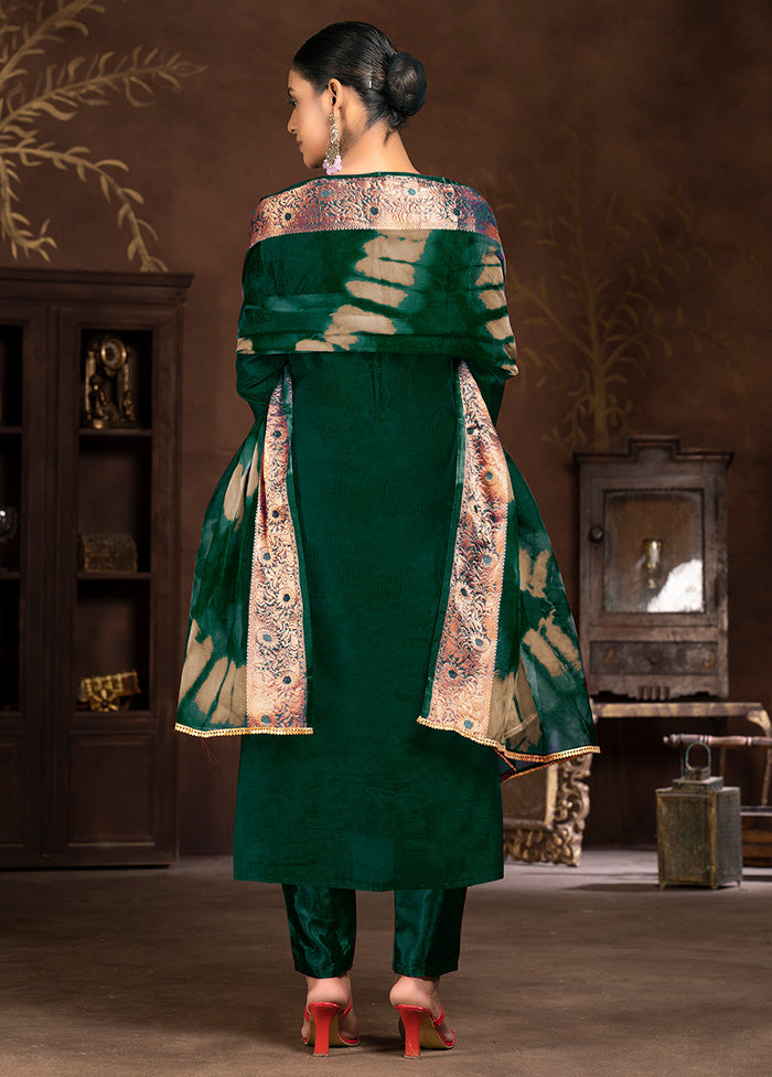 3 Pc Green Semi Stitched Silk Suit Set