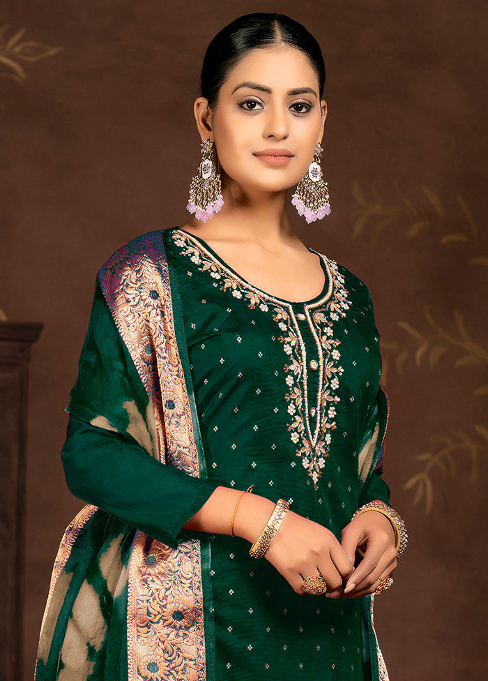 3 Pc Green Semi Stitched Silk Suit Set - Indian Silk House Agencies