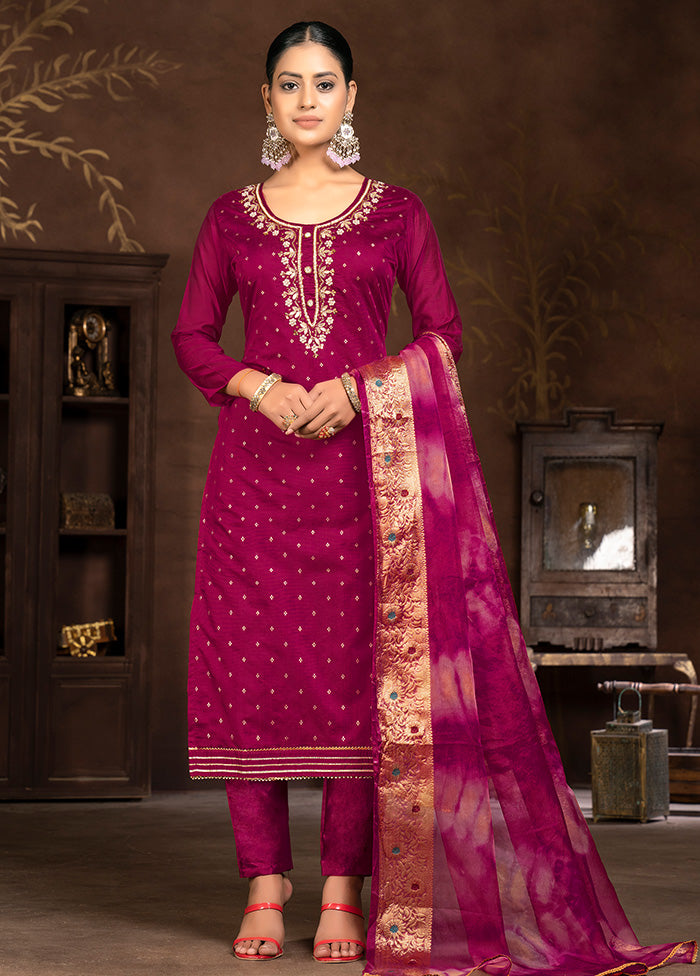 3 Pc Burgundy Semi Stitched Silk Suit Set - Indian Silk House Agencies
