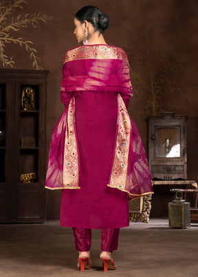 3 Pc Burgundy Semi Stitched Silk Suit Set - Indian Silk House Agencies