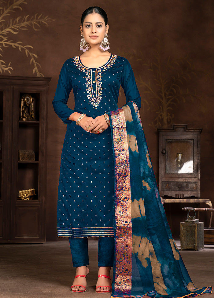 3 Pc Blue Semi Stitched Silk Suit Set - Indian Silk House Agencies