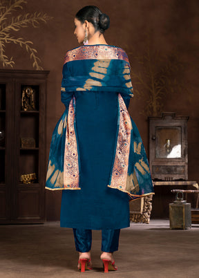 3 Pc Blue Semi Stitched Silk Suit Set - Indian Silk House Agencies